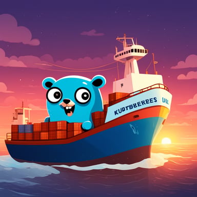 Go Blue Gopher is driving a container ship, firmly holding the wheel designed with the Kubernetes logo.