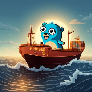 Go Blue Gopher is driving a container ship, firmly holding the wheel designed with the Kubernetes logo.
