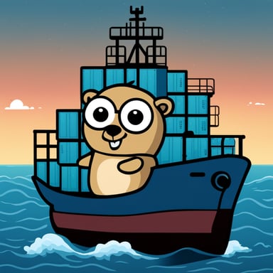 Go Blue Gopher is driving a container ship, firmly holding the wheel designed with the Kubernetes logo.