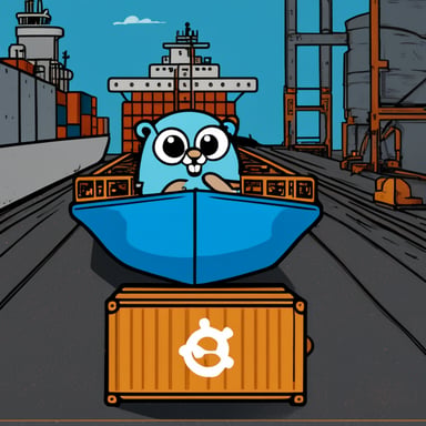 Go Blue Gopher is driving a container ship, firmly holding the wheel designed with the Kubernetes logo.