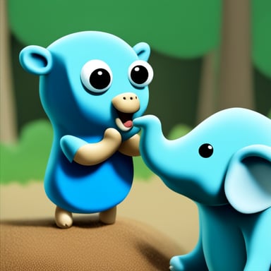 A blue gopher, named Go Blue Gopher, touches the elephant trunk.
