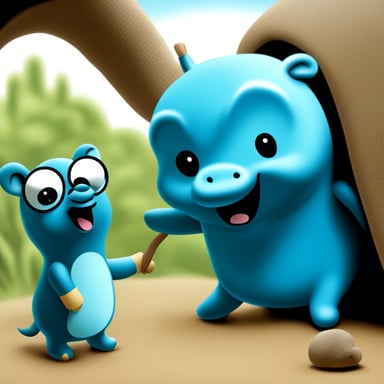 A blue gopher, named Go Blue Gopher, touches the elephant trunk.