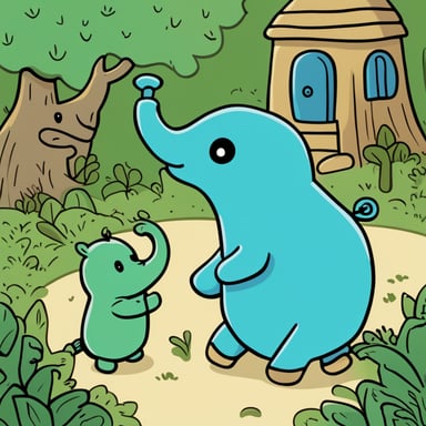 A blue gopher, Go Blue Gopher, touches the elephant trunk. A green gopher touches the elephant tail.