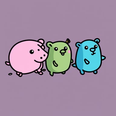 Three small gophers, Go Blue Gopher, green, and pink, and a big elephant.