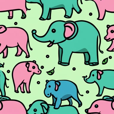 Three small gophers, Go Blue Gopher, green, and pink, and a big elephant.