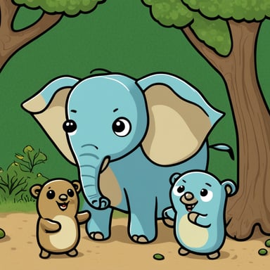Three small gophers are standing near a big elephant, including Go Blue Gopher.