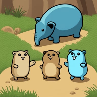 Three small gophers are standing near a big elephant, including Go Blue Gopher.