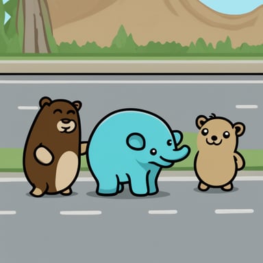 Three small gophers are standing near a big elephant, including Go Blue Gopher.