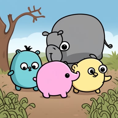 Three small blind gophers, Go Blue Gopher, Go Green Gopher, and Go Pink Gopher, are standing near a big elephant.