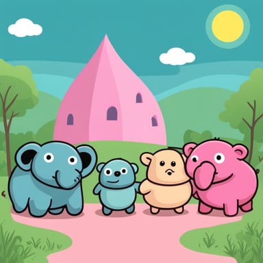 Three small blind gophers, Go Blue Gopher, Go Green Gopher, and Go Pink Gopher, are standing near a big elephant.