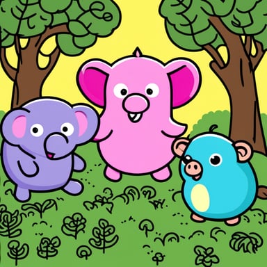 Three small blind gophers, Go Blue Gopher, Go Green Gopher, and Go Pink Gopher, are standing near a big elephant.