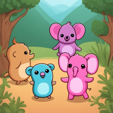 Three small blind gophers, Go Blue Gopher, Go Green Gopher, and Go Pink Gopher, are standing near a big elephant.