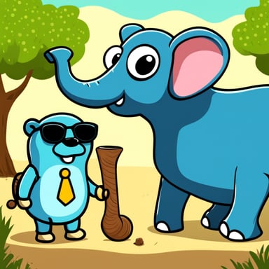 Go Blue Gopher with sunglasses is standing near a big elephant's trunk.