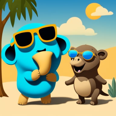 Go Blue Gopher with sunglasses is standing near a big elephant's trunk.