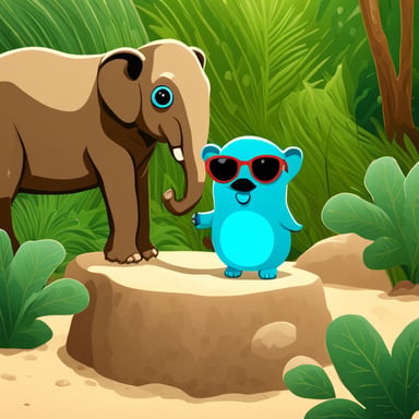 Go Blue Gopher with sunglasses is standing near a big elephant's trunk.