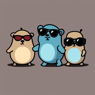 Three small gophers with sunglasses, including Go Blue Gopher, are standing near a big elephant.