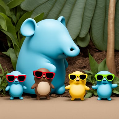Three small gophers with sunglasses, including Go Blue Gopher, are standing near a big elephant.
