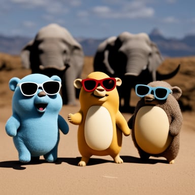 Three small gophers with sunglasses, including Go Blue Gopher, are standing near a big elephant.