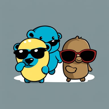 Three small Go Blue Gophers with sunglasses are standing next to a big elephant. Transparent background.
