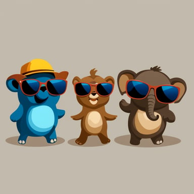 Three small Go Blue Gophers with sunglasses are standing next to a big elephant. Transparent background.