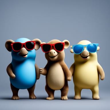 Three small Go Blue Gophers with sunglasses are standing next to a big elephant. Transparent background.