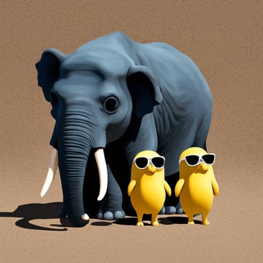 Three small Go Blue Gophers with sunglasses are standing next to a big elephant. Transparent background.