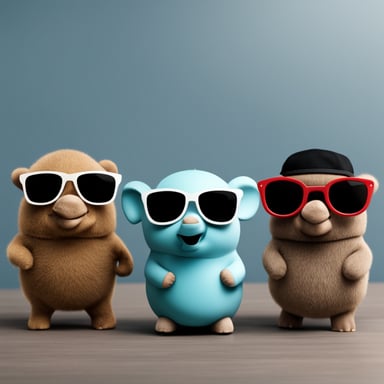 Three small Go Blue Gophers with sunglasses are standing next to the Big Elephant. Transparent background.