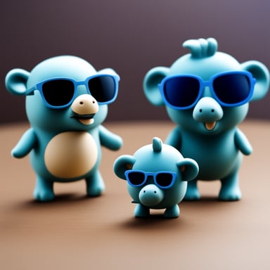 Three small Go Blue Gophers with sunglasses are standing next to the Big Elephant. Transparent background.