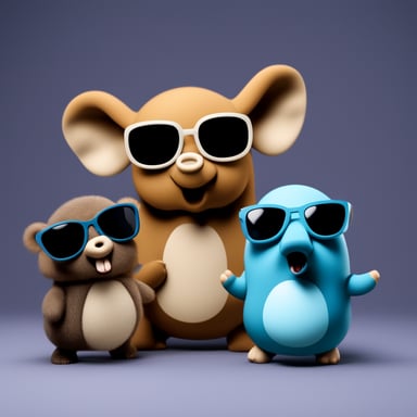 Three small Go Blue Gophers with sunglasses are standing next to the Big Elephant. Transparent background.