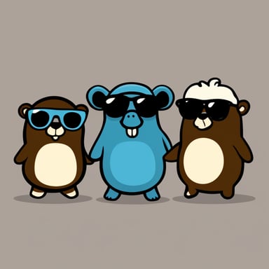 Three small Go Blue Gophers with sunglasses are standing next to an elephant named Elephant. Transparent background.
