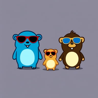 Three small Go Blue Gophers with sunglasses are standing next to an elephant named Elephant. Transparent background.