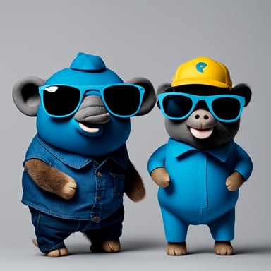 Three small Go Blue Gophers with sunglasses are standing next to an elephant named Elephant. Transparent background.