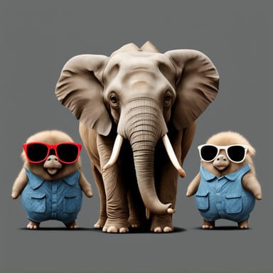 Three small Go Blue Gophers with sunglasses are standing next to a big elephant. Transparent background.