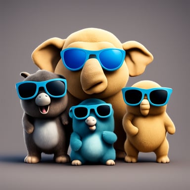 Three small Go Blue Gophers with sunglasses are standing next to a big elephant. Transparent background.