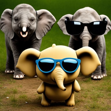 Three small Go Blue Gophers with sunglasses are standing next to a big elephant. Transparent background.