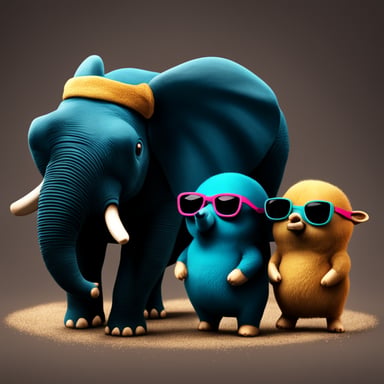 Three small Go Blue Gophers with sunglasses are standing next to a big elephant. Transparent background.