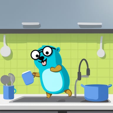 Go Blue Gopher doing the dishes while listening to a podcast on his iPod.