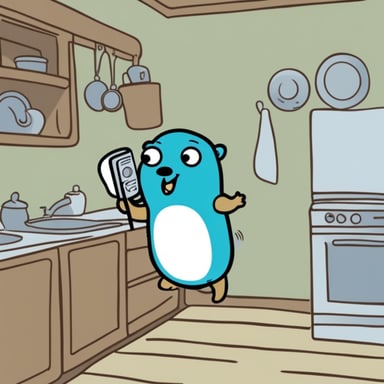 Go Blue Gopher doing the dishes while listening to a podcast on his iPod.