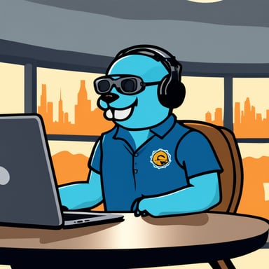 Go Blue Gopher, an incident manager, sits with a headset and an open laptop in hand. The back of the laptop is adorned with a sticker of the Prometheus Monitoring project and the incident.io company logo.