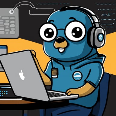 Go Blue Gopher, an incident manager, sits with a headset and an open laptop in hand. The back of the laptop is adorned with a sticker of the Prometheus Monitoring project and the incident.io company logo.