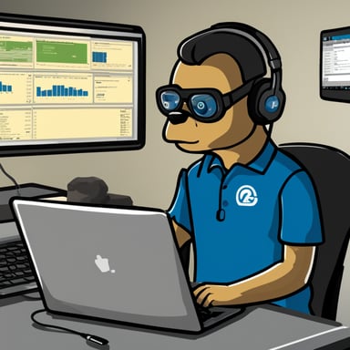 Go Blue Gopher, an incident manager, sits with a headset and an open laptop in hand. The back of the laptop is adorned with a sticker of the Prometheus Monitoring project and the incident.io company logo.