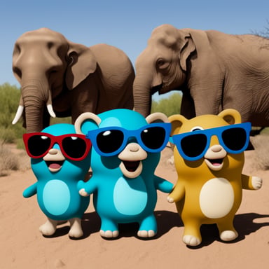 Three Go Blue Gophers with sunglasses, standing next to an elephant.