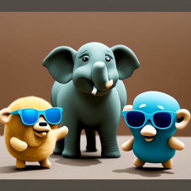 Three Go Blue Gophers with sunglasses, standing next to an elephant.
