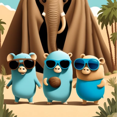 Three Go Blue Gophers with sunglasses, standing next to an elephant.