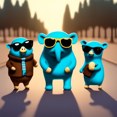 Three Go Blue Gophers with sunglasses, standing next to an elephant.