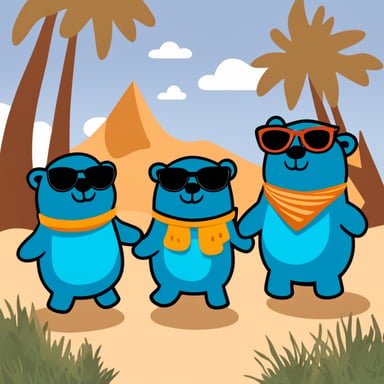 Three Go Blue Gophers with sunglasses, standing next to an elephant: Go Blue Gopher is by the elephant's trunk, another Go Blue Gopher is by the elephant's tail, and another Go Blue Gopher is by the elephant's leg.