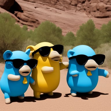 Three Go Blue Gophers with sunglasses, standing next to an elephant: Go Blue Gopher is by the elephant's trunk, another Go Blue Gopher is by the elephant's tail, and another Go Blue Gopher is by the elephant's leg.
