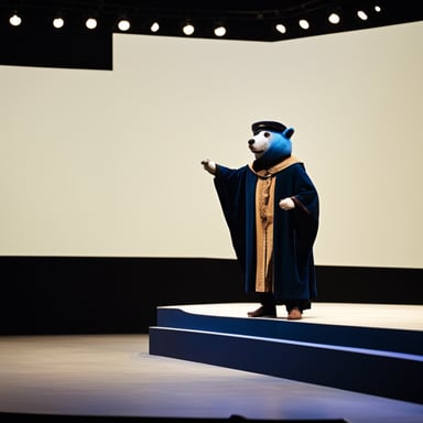 Go Blue Gopher performing Hamlet on a stage in full Shakespeare attire.