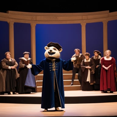 Go Blue Gopher performing Hamlet on a stage in full Shakespeare attire.