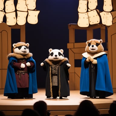 Go Blue Gopher performing Hamlet on a stage in full Shakespeare attire.